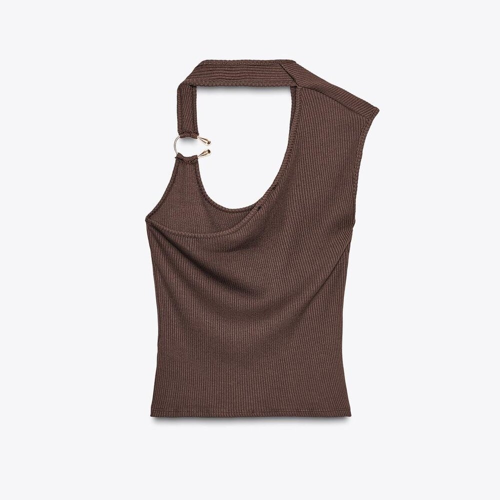NWT Small Zara Rib Top Metal Detail Brown Asymmetric Sleeveless Tank - Picture 5 of 7